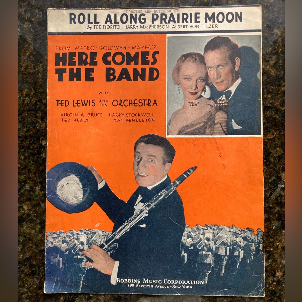1935 Roll Along Prairie Moon 'Here Comes the Band' Sheet Music - Ted Lewis